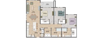 A floor plan of a house with a living room, two bedrooms, a kitchen, a bathroom, and a porch.