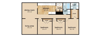 A floor plan of a house with a dining room, kitchen, living area, and three bedrooms.