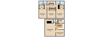 A floor plan of a house with three bedrooms, a living area, a dining room, a kitchen, and two bathrooms.
