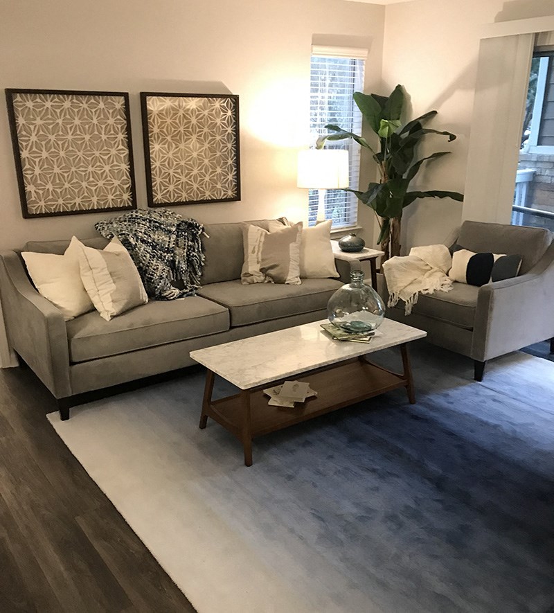 a living room with couches and a coffee table