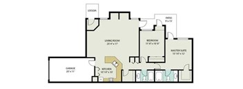 A floor plan of a house with a living room, kitchen, garage, and master suite.