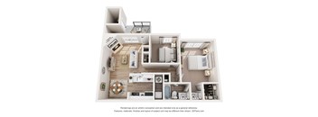 A 3D floor plan of a house with a kitchen, living room, and bathroom.