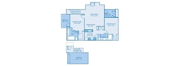 A blueprint shows the layout of a house with a living room, two master suites, a dining room, kitchen, bathrooms, and a garage.