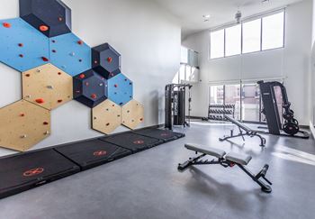 the gym has a climbing wall and weights and cardio equipment