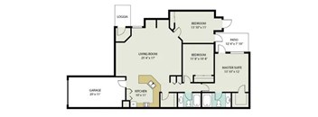 A floor plan of a house with a living room, two bedrooms, a garage, a kitchen, a patio, and a loggia.