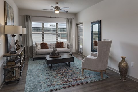 A living room with a sofa, a chair, a coffee table, and a rug.
