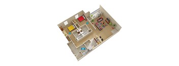 a rendering of a 2-bedroom, 2-bathroom apartment at The Hub at Palmetto Pointe in Spartanburg, SC