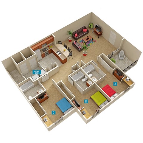 a rendering of a 3-bedroom, 3-bathroom apartment at The Hub at Palmetto Pointe in Spartanburg, SC