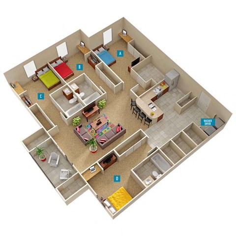 a rendering of a 4-bedroom, 4-bathroom apartment at The Hub at Palmetto Pointe in Spartanburg, SC