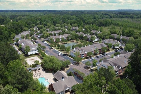 arial view of a neighborhood with houses and trees