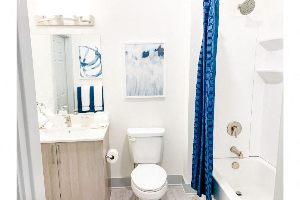 a bathroom with a white toilet and a blue shower curtain