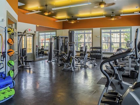 a gym with cardio equipment and windows