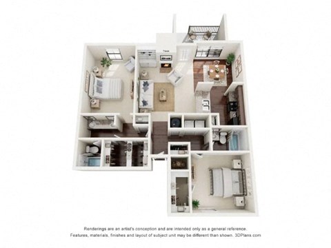 rendering of a two bedroom, two bathroom apartment at Summit at Hillcrest in Mobile, AL