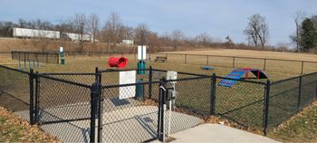 a dog park with a chain link fence and playground equipment