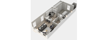 A 3D rendered image of a modern apartment layout.