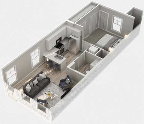 A 3D rendered image of a modern apartment layout.