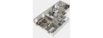 A 3D floor plan of a modern apartment with a living room, kitchen, and bedrooms.