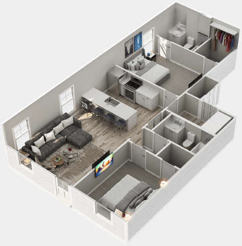 A 3D floor plan of a modern apartment with a living room, kitchen, and bedrooms.