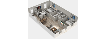 A 3D rendered image of a modern apartment layout.