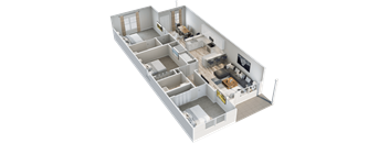 A 3D floor plan of a house with multiple rooms and furniture.