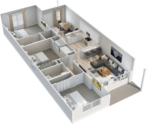A 3D floor plan of a house with multiple rooms and furniture.