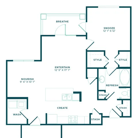A floor plan of a house with rooms labeled as "Breathe", "Snooze", "Entertain", "Nourish", "Refresh", "Create", and "Wash".
