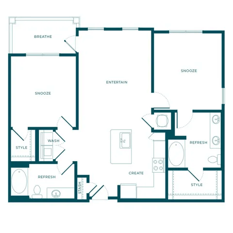 A floor plan of a house with labeled rooms such as "BREATHE", "ENTERTAIN", and "REFRESH".