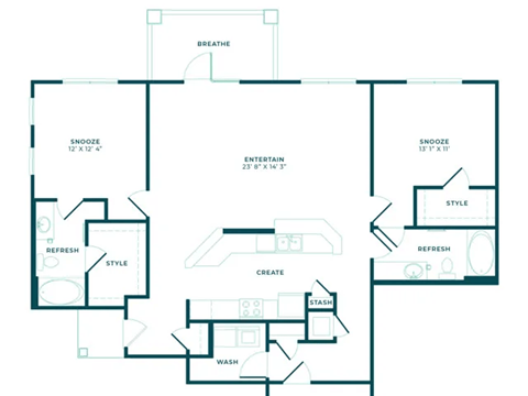 A floor plan of a house with rooms labeled as Snooze, Refresh, Create, and Wash.