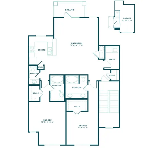 A floor plan of a house with rooms labeled as "Breathe", "Entertain", "Refresh", "Stash", "Wash", and "Snooze".