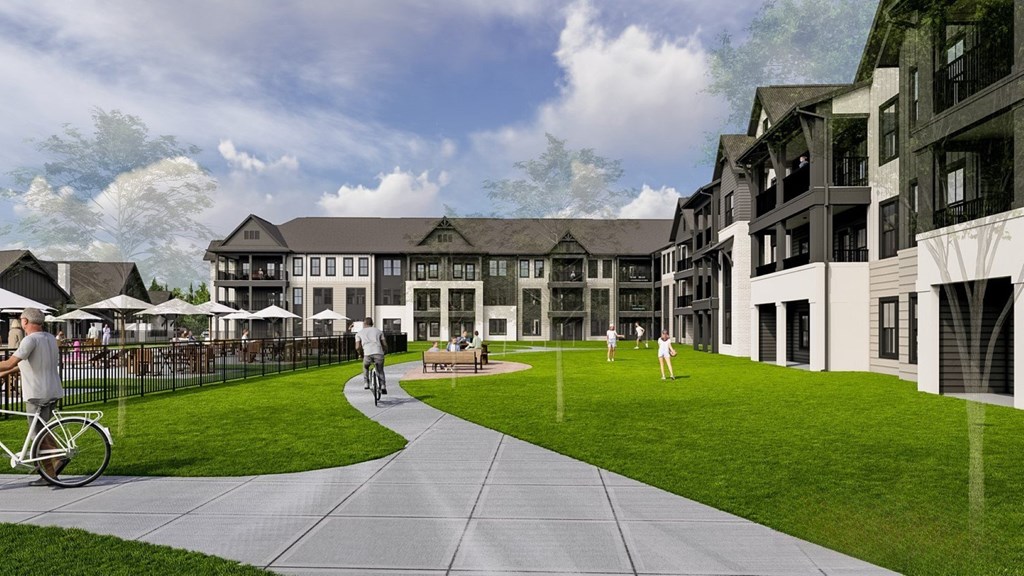 A rendering of a modern building with a walkway in front.