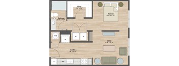 A floor plan of a small apartment with a bedroom, living room, kitchen, and bathroom.
