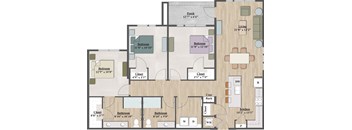 A floor plan of a house with a living room, two bedrooms, two bathrooms, a kitchen, a porch, and a coat rack.
