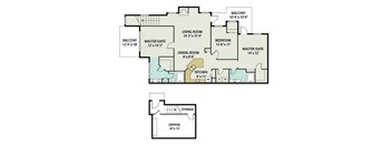 A floor plan of a house with a garage and a master suite.