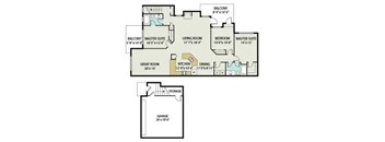 A floor plan of a house with a living room, two bedrooms, a garage, and a dining area.