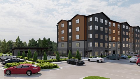 A rendering of a modern apartment complex with a parking lot in front.