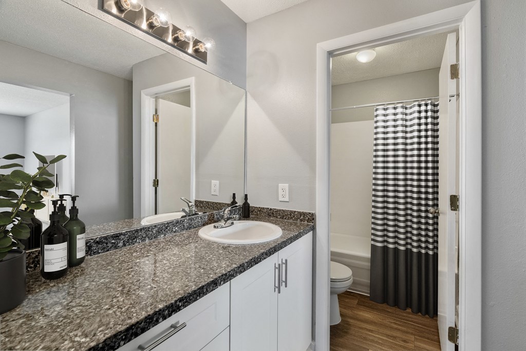 En-suite bathroom with granite countertop  at Mirabelle Apartments in Mobile, Alabama