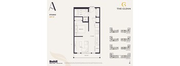 A floor plan of a studio apartment with a bathroom, bedroom, living room, kitchen, and balcony.