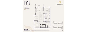 A floor plan for a 2 bedroom, 2 bathroom apartment sized at 942 square feet.