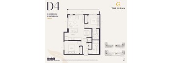 A floor plan for a 2 bedroom, 2 bathroom apartment sized at 795 square feet.