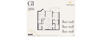 A floor plan for a two bedroom, two bathroom apartment at The Glenn.