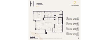 A floor plan for a 2 bedroom, 2 bathroom apartment sized at 961 square feet.