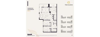 A floor plan for a 3 bedroom 2 bathroom apartment at The Glenn.