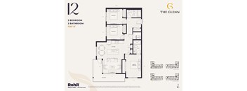 A floor plan for a 3 bedroom, 2 bathroom apartment sized at 1087 square feet.
