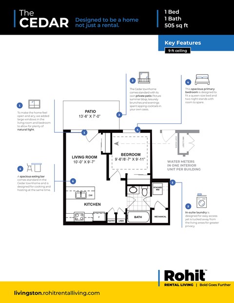 A floor plan for a rental home by Rohit shows a living room, two bedrooms, a bathroom, and a kitchen.