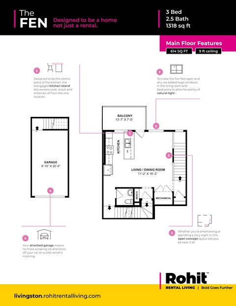 A living space advertisement for a 3 bedroom, 2.5 bathroom apartment with a garage.