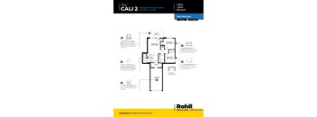 A blue and white poster shows a floor plan for a two bedroom, one bath apartment.