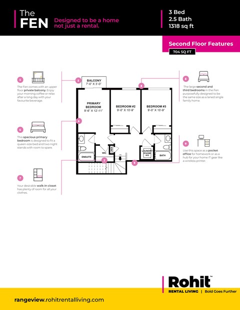 A floor plan for a rental property by Rohit shows a compact layout with a balcony, two bedrooms, a bathroom, and a kitchen.