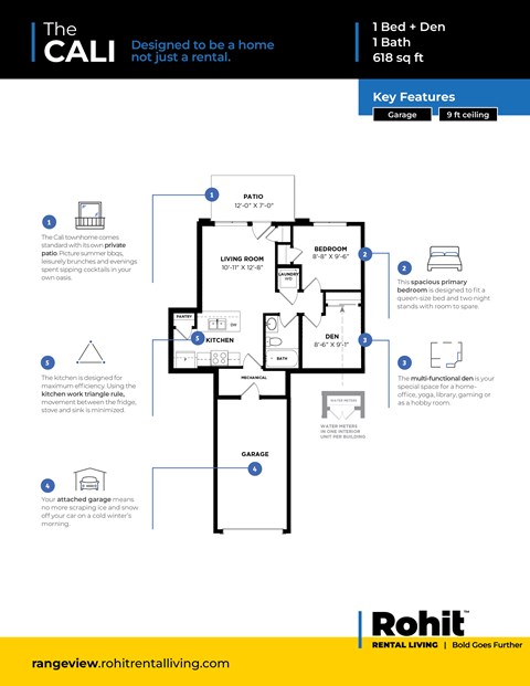 A floor plan for a rental apartment by Rohit, featuring a living room, bedroom, kitchen, and garage.