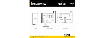 A black and white image of a floor plan for a 948 square foot home with a garage, second floor with a master bedroom and a third floor with a master bedroom.