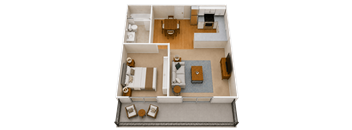 A 3D floor plan of a house showing a living room, kitchen, dining room, and two bedrooms.